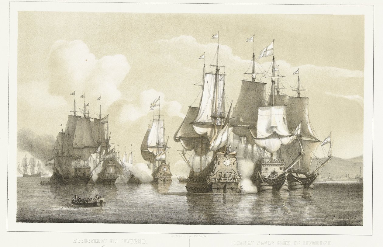 Batalha naval perto de Livorno, 1653
Batalha naval em Livorno. 14 de Março de 1653 / Combat naval près de Livourne. 14 Marte 1653 (título sobre o objecto) de Petrus Johannes Schotel