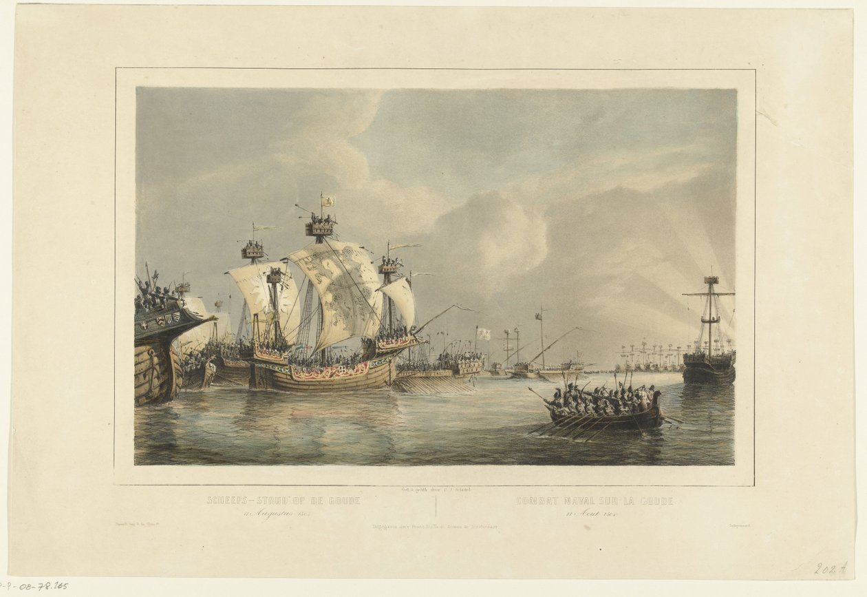 Batalha naval sobre os Gouwe, 1304
Batalha naval sobre o Gouwe 11 Augustus 1304 / Combat naval sur la Goude 11 Aout 1304 (título sobre o objecto) de Petrus Johannes Schotel