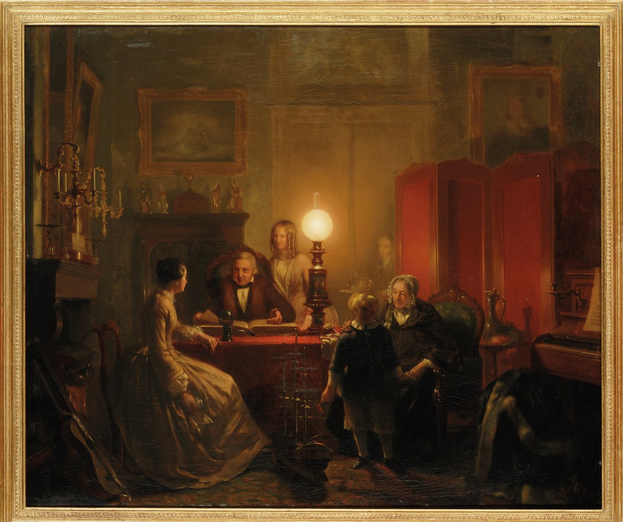 Uma família reunida em torno de uma mesa iluminada, 1854 de Petrus Kiers