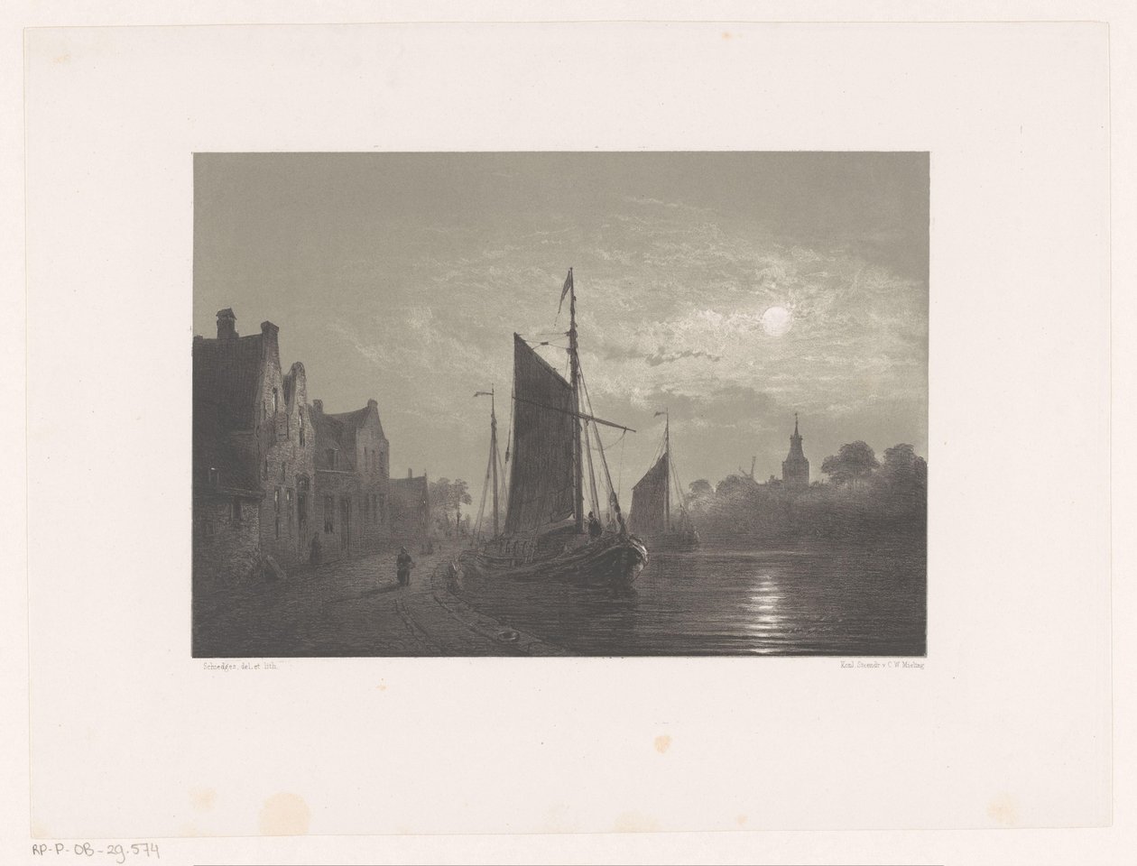 Barcos à vela ao longo de um cais ao luar de Petrus Paulus Schiedges (I)