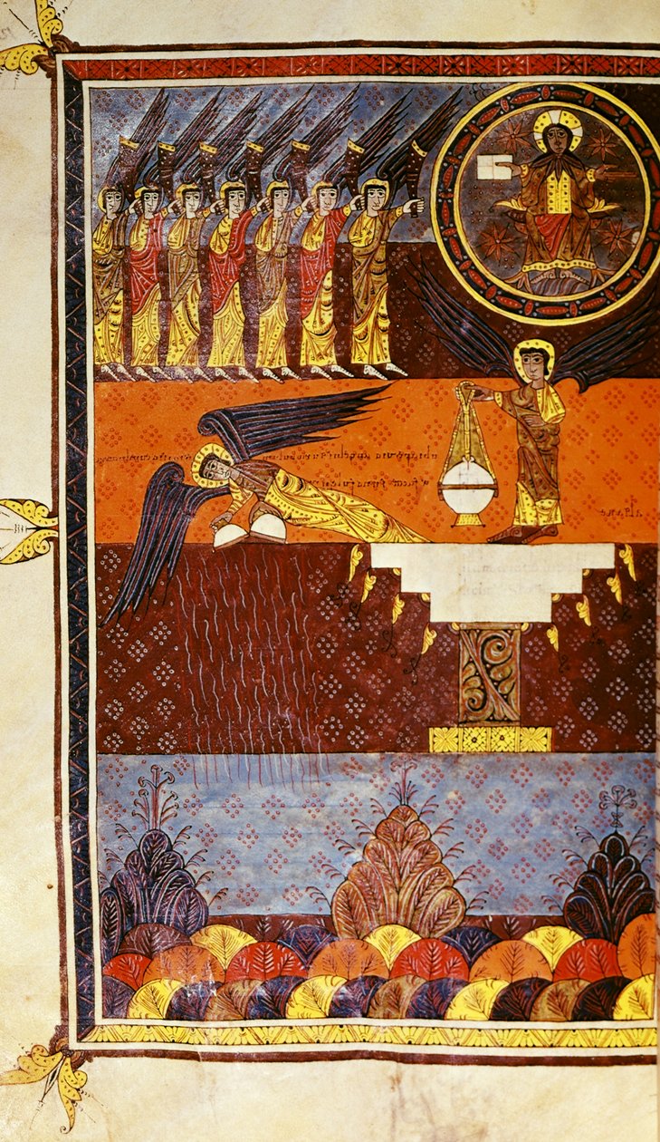 f.126 Sete anjos com trombetas, do Beatus Apocalypse de Santo Domingo de Silos de Petrus Petrus
