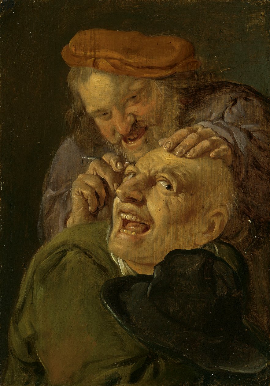 Sentimento: Um barbeiro a tratar um homem. Da série Personificações dos Cinco Sentidos, c.1635-66 (óleo sobre madeira) de Petrus Staverenus