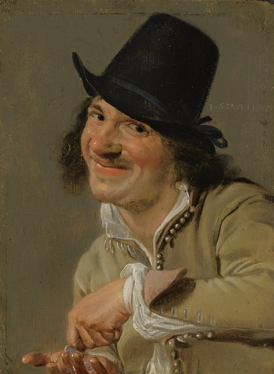 Audição: Um Homem a Contar Moedas. . Da série Personificações dos Cinco Sentidos, c.1635-66 (óleo sobre madeira) de Petrus Staverenus