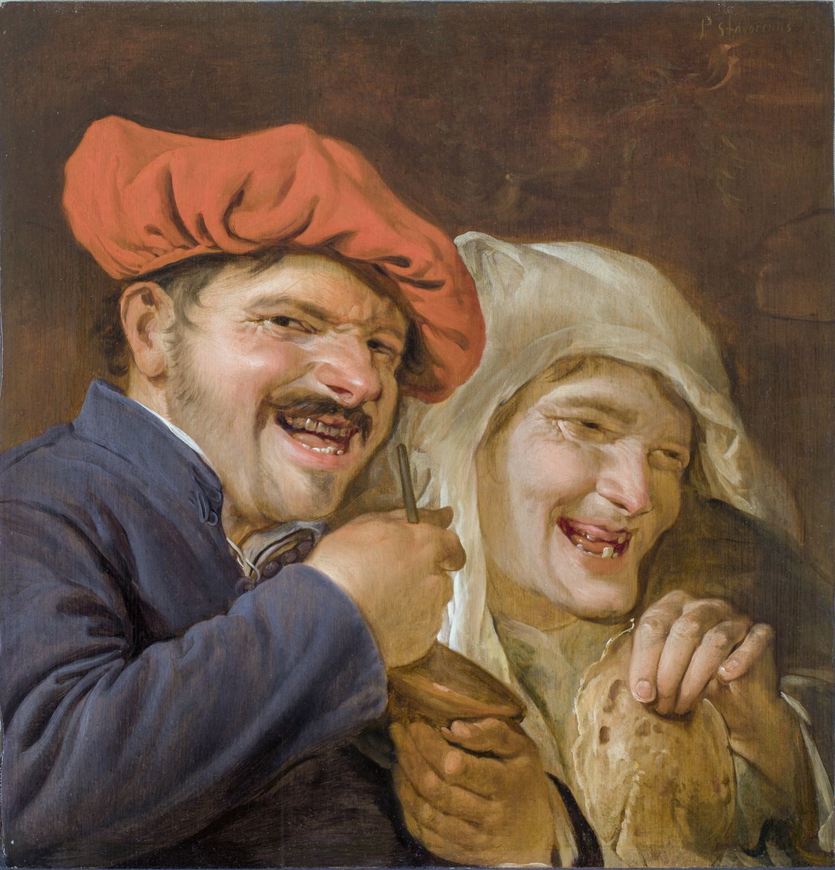 Joueur de Rommelpot (tambor a fricção) - Rommelpot Player par Staverenus, Petrus (activo 1634-1654). Óleo sobre madeira de Petrus Staverenus