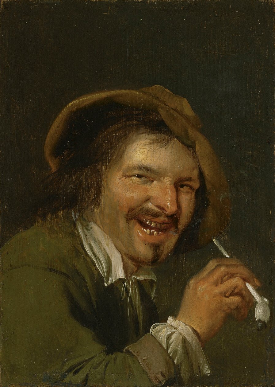 Cheiro: Um homem a rir a fumar um cachimbo. Da série Personificações dos Cinco Sentidos, c.1635-66 (óleo sobre madeira) de Petrus Staverenus