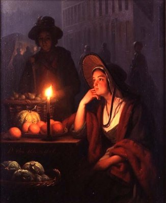 Market Stall at Night (óleo sobre painel) de Petrus van Schendel