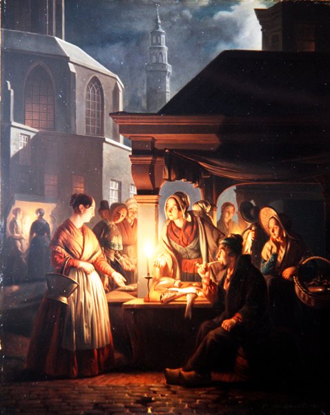 A banca de peixe (óleo em painel) de Petrus van Schendel