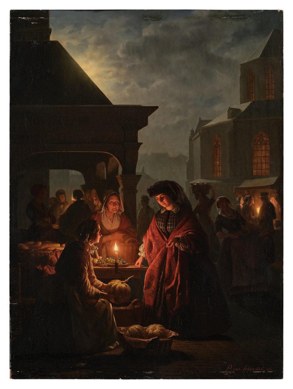 O Groenmarkt em Haia à noite de Petrus van Schendel