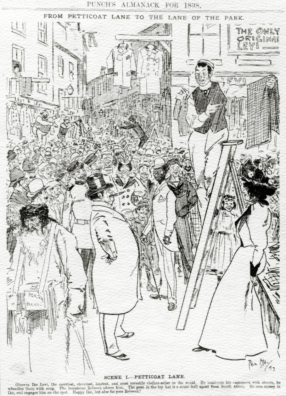 Cena I, Petticoat Lane, publicada em &39;Punch&39;s Almanack for 1898&39; de Phil May