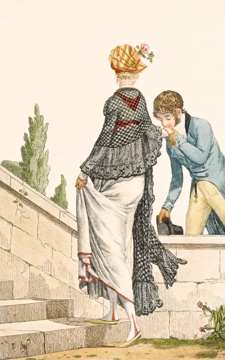 Vestido elegante de Senhora com capa, 1789, ilustração de &39;Modes et Manieres du Jour a Paris&39; de Philibert Louis Debucourt