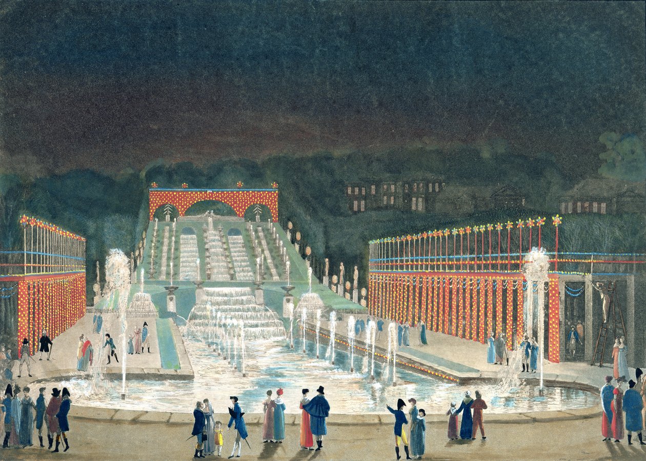 Iluminação da Fonte de Saint-Cloud, 1º de abril de 1810 (gravura e tinta sobre papel) de Philibert Louis Debucourt