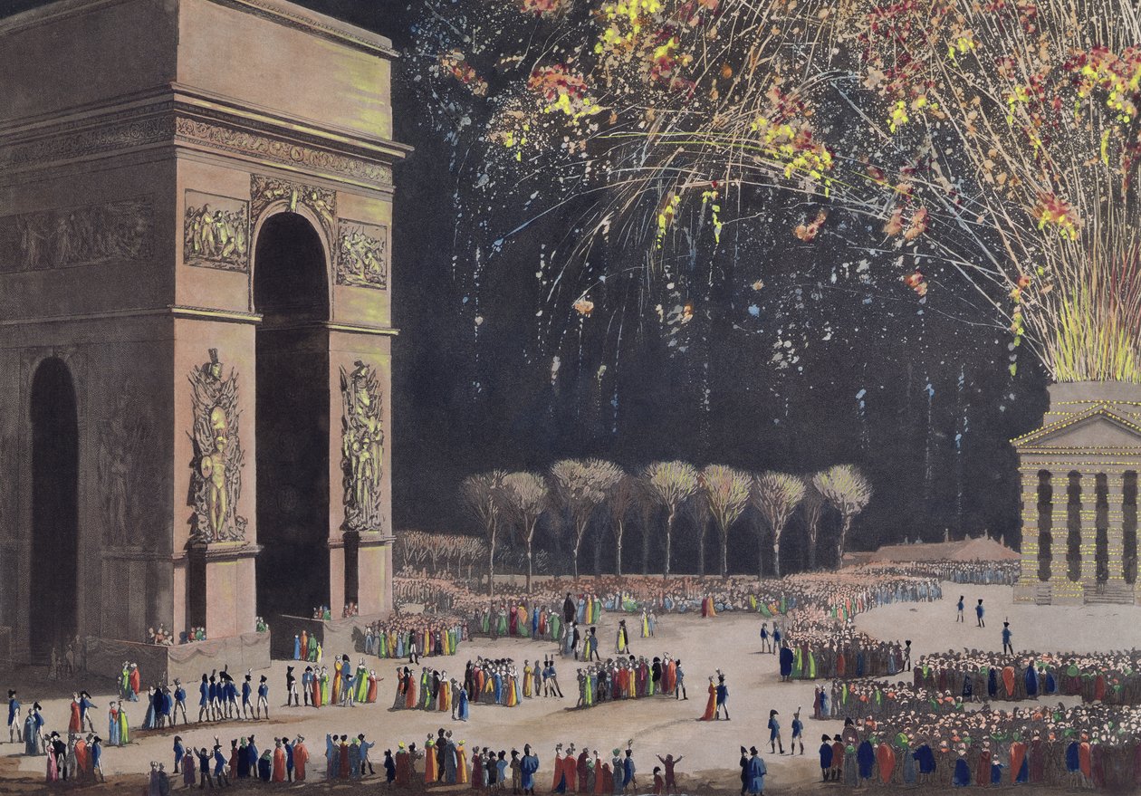 Vista do arco do triunfo com fogos de artifício, 1810 (aquatint colorido) de Philibert Louis Debucourt