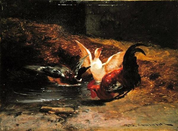 Cockerel com dois patos (óleo sobre tela) de Philibert Leon Couturier