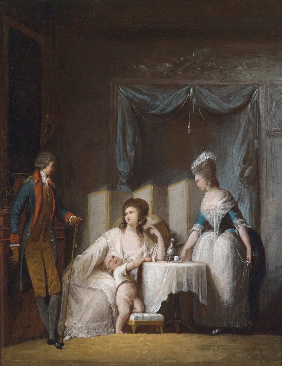 Homem pagando informal manhã visita a mulher que ainda não está formalmente vestida para o dia. de Philibert Louis Debucourt