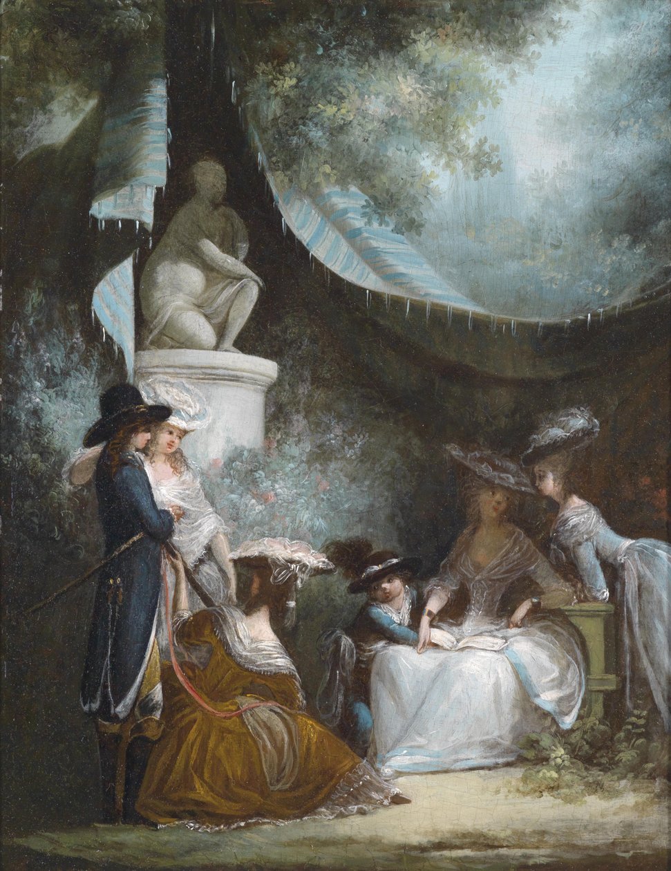 Cena ao ar livre do homem, menino e mulheres vestidas de ca. Estilos de roupas de 1780 de Philibert Louis Debucourt