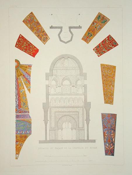 Detalhes e fachada da capela de Mirah, de "Souvenirs of Granada and of the Alhambra", gravada por Dumouza, publicada c.1836-37 (cor litho) de Philibert Joseph (after) Girault de Prangey