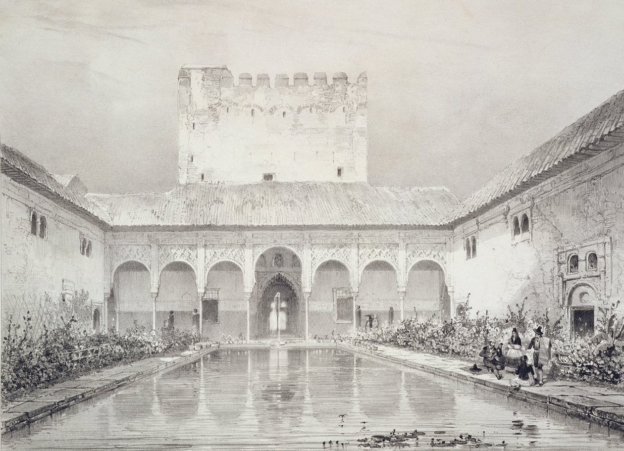 Piscina e Fonte no Pátio do Alberca, Alhambra, Placa 21 de &39;Lembranças de Granada e de l&39;Alhambra&39;, publicado c.1836-37 de Philibert Joseph Girault de Prangey