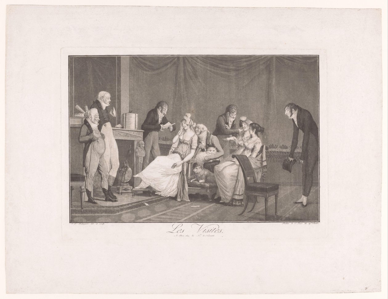 Companhia de jovens mulheres e homens em um interior Les Visites (título no objeto) de Philibert Louis Debucourt