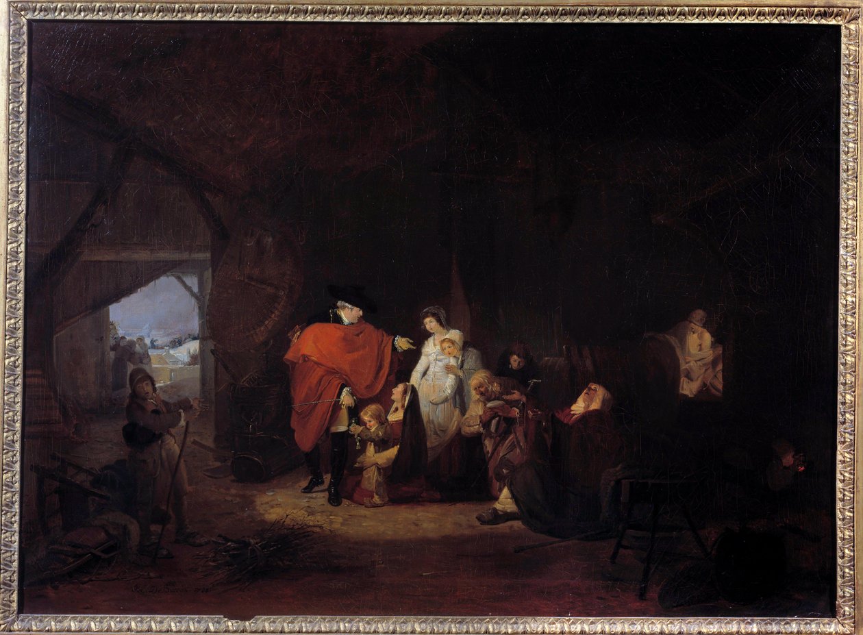Traço humano de Luís XVI: no inverno de 1784 o rei dá a almona aos habitantes de Versalhes Pintura de Luís Filibert Debucourt (1755-1832) 1785 Sol. 0,61x0,83 m de Philibert Louis Debucourt