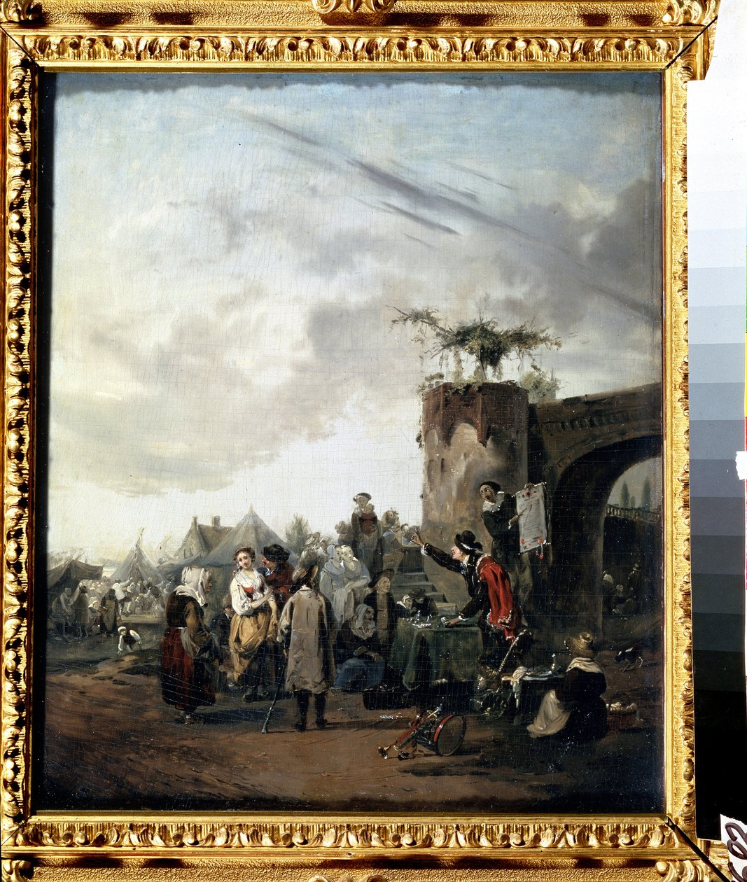 ""O charlatão"" Um impostor instalado na praça de uma vila convida os habitantes a comprar pílulas milagrosas. Pintura de Philibert Louis Debucourt (1755-1832) por volta de 1780 Museu Pushkin Moscou de Philibert Louis Debucourt