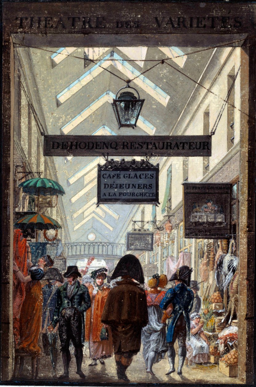 Le passage des Panoramas à Paris Litografia atribuída a Louis Philibert Debucourt (1755-1832) Paris do século XIX, Musee Carnavalet de Philibert Louis Debucourt