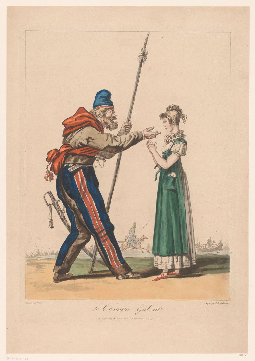 Meisje coloca Kozak O Galante Cossaco. (título no objeto) Kostuumprenten van Debucourt (título da série) Coleção de figurinos tirados da natureza (título da série) de Philibert Louis Debucourt