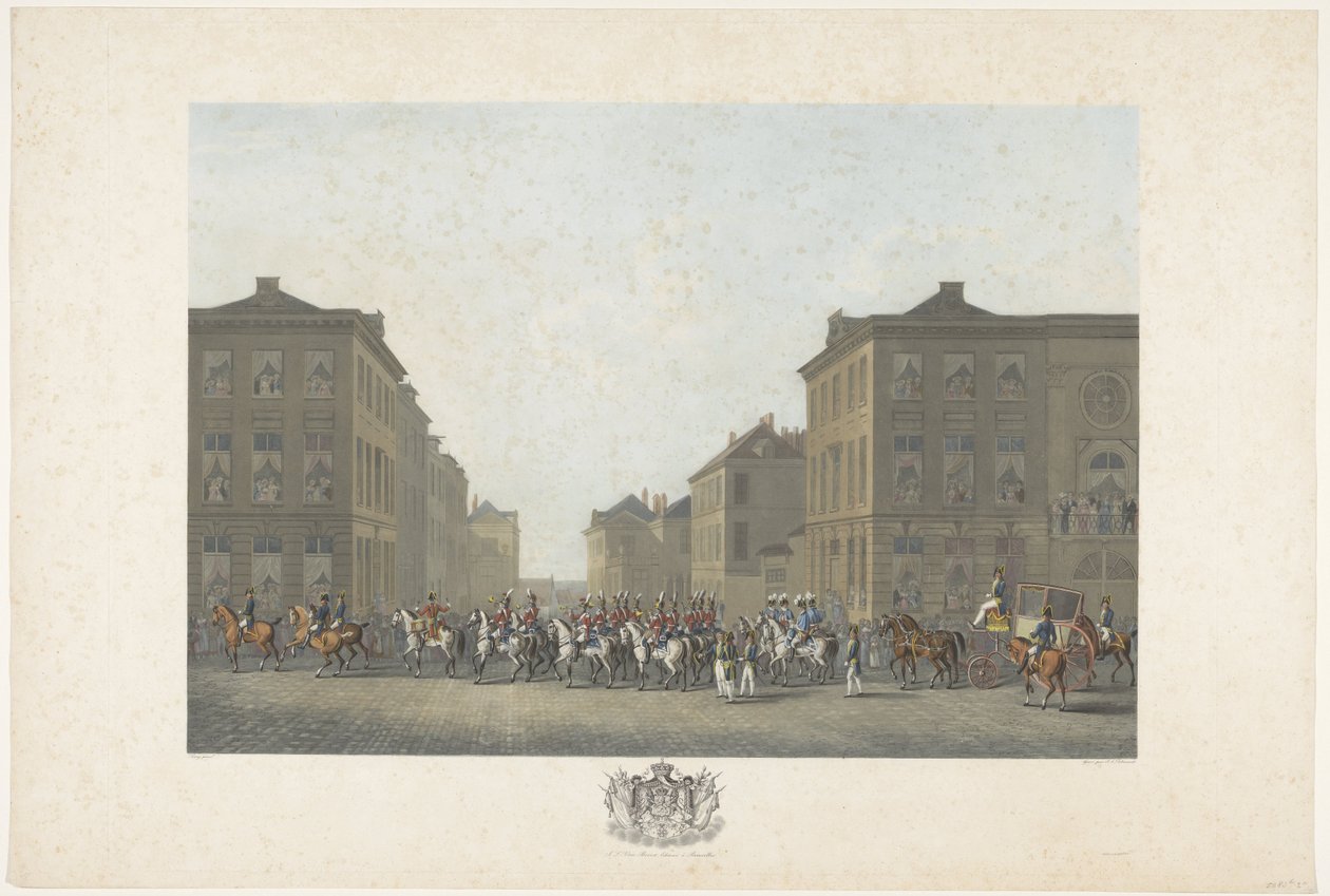 Banda na inauguração de William I em Bruxelas em 21 de setembro de 1815 Doze placas da chegada e inauguração de William I em Bruxelas e as batalhas em Quatre-Bras e Waterloo em 1815 (título da série) de Philibert Louis Debucourt