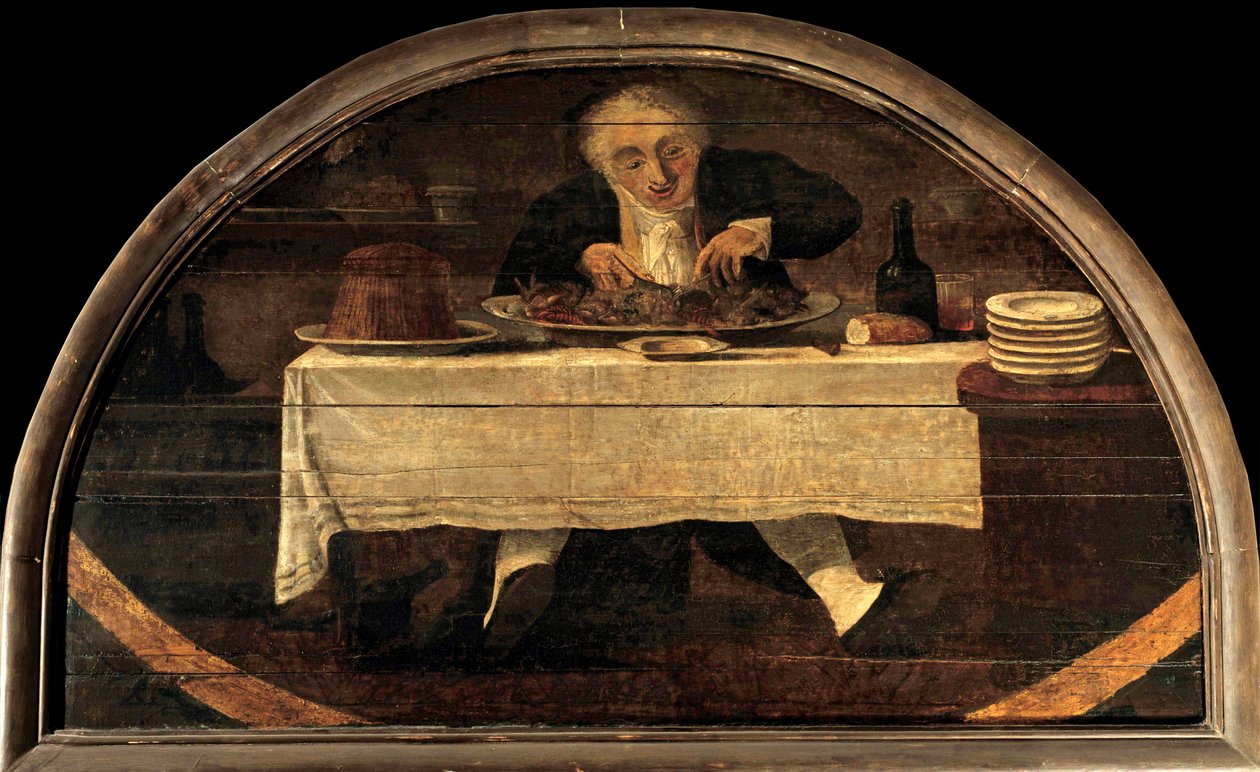 O gourmand ensina as mercearias Corcellet uma vez no palácio real. Um homem atable mage um prato de marisco e marisco. Pintura de Louis Philibert Debucourt (1755-1832) de Philibert Louis Debucourt