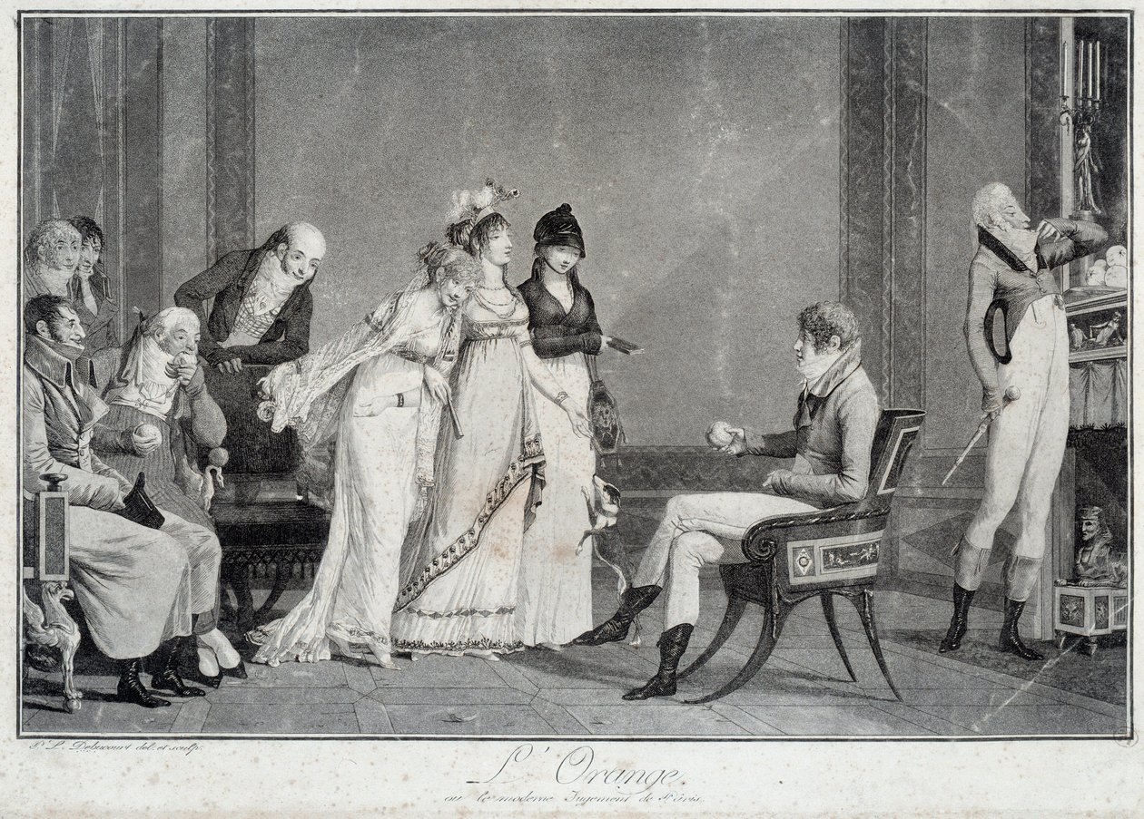 A laranja ou o julgamento moderno de Paris Paródia do julgamento de Paris encenando um jovem à moda do Directoire (Incrível) para escolher entre três Maravilhosos. Estampas de Philibert Louis Debucourt (1755-1832) 1800 em torno de Paris, Musee Carnava de Philibert Louis Debucourt