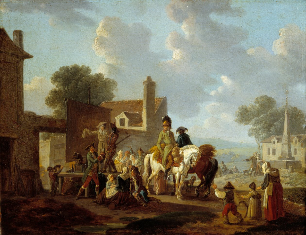 Aldeões e cavaleiros a assistir ao espectáculo do Teatro pantomimeiro nas ruas de uma aldeia. Pintura de Louis Philibert Debucourt (1755-1832) Sol do século XVIII. 0,24x0,31 m de Philibert Louis Debucourt
