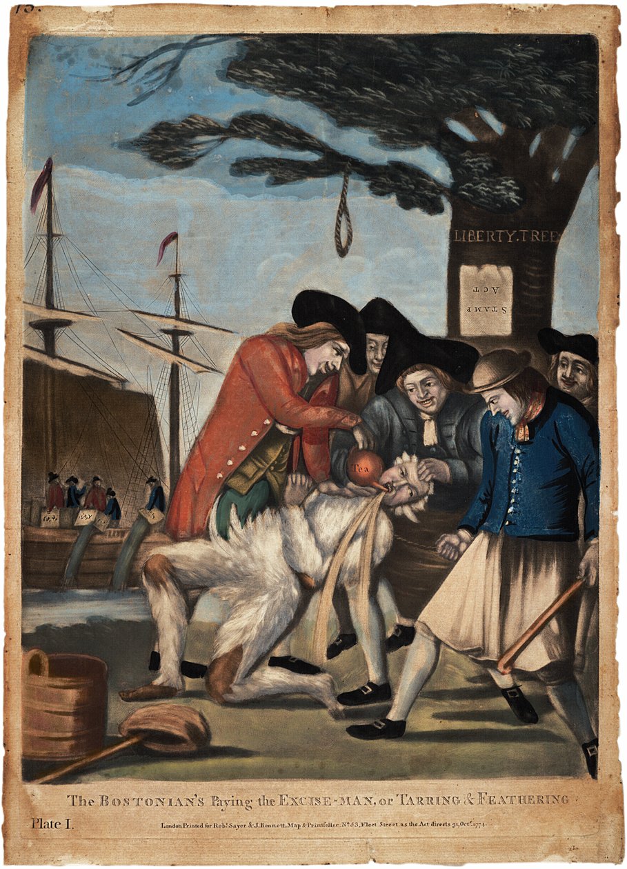 O Bostoniano está pagando o homem-imposto, ou Tarring e Feathering, 1774 (gravura colorida à mão) de Philip Dawe
