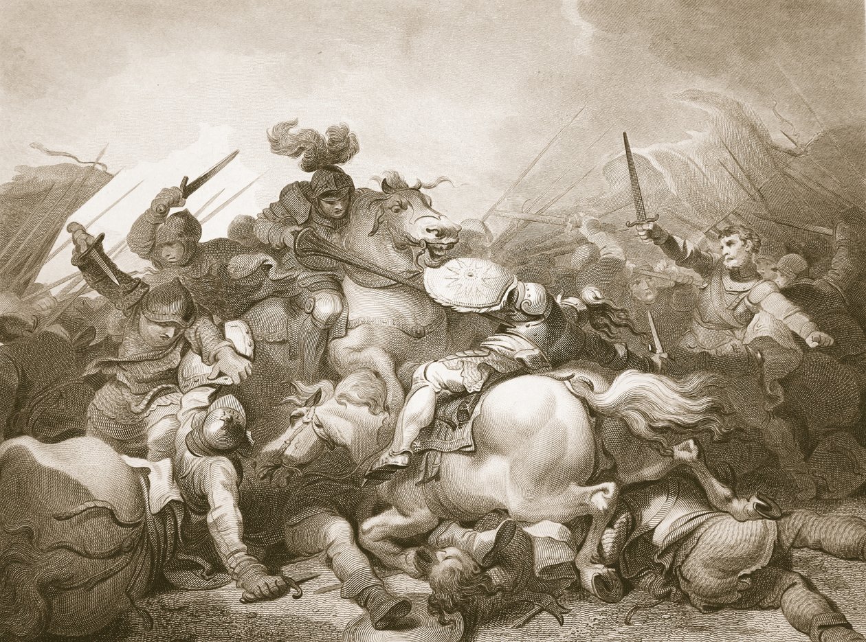 Batalha de Bosworth Field, gravada por J. Thomson, ilustração de David Hume &39;The History of England&39;, pub. por R. Bowyer, Londres, 1812 de Philip James de Loutherbourg