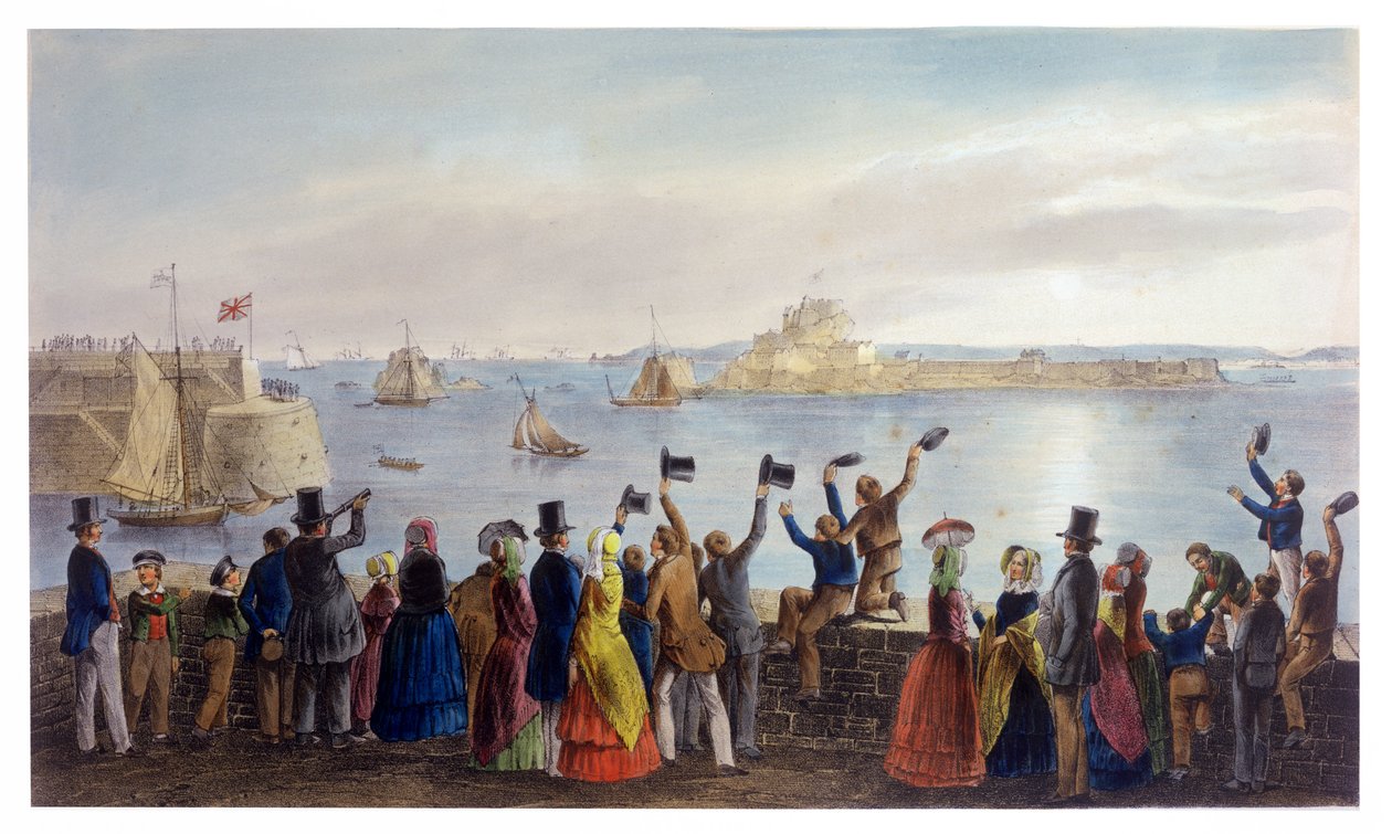 O Esquadrão Real Entrando na Baía de St. Aubin, em 2 de setembro de 1846, a partir da Visita da Rainha Vitória em Jersey, gravada por H. Walter, 1847 de Philip John Ouless