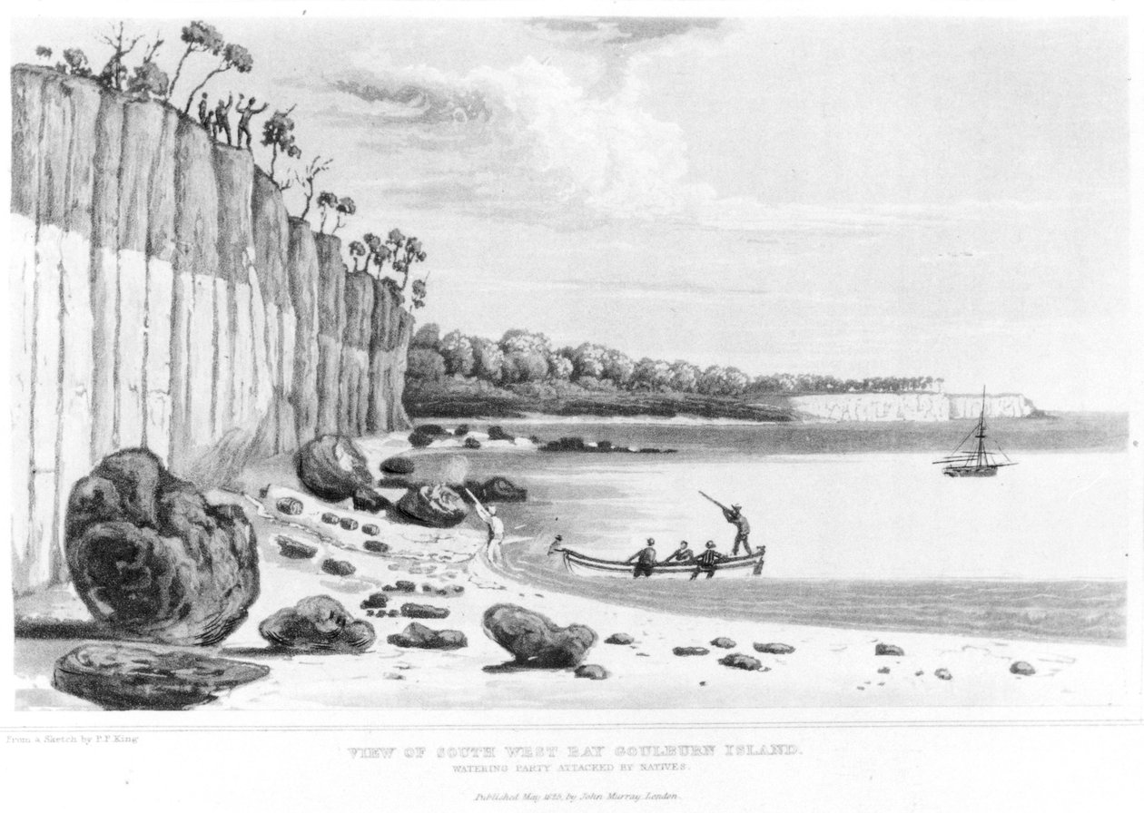 Watering Party atacado por nativos em South-West Bay, Goulburn Island, de "Narrativa de um levantamento das costas intertropical e ocidental da Austrália" por PP King, 1827 de Philip Parker King