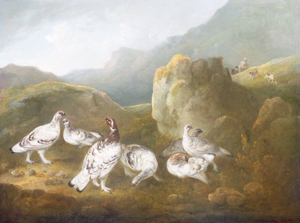 Ptarmigan em uma paisagem montanhosa com desportistas e cães além de Philip Reinagle
