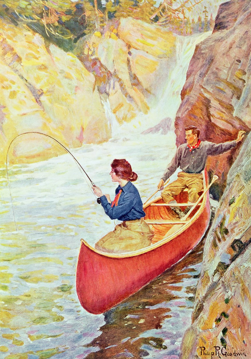 Casal pesca perto de uma cachoeira de Philip Russell Goodwin
