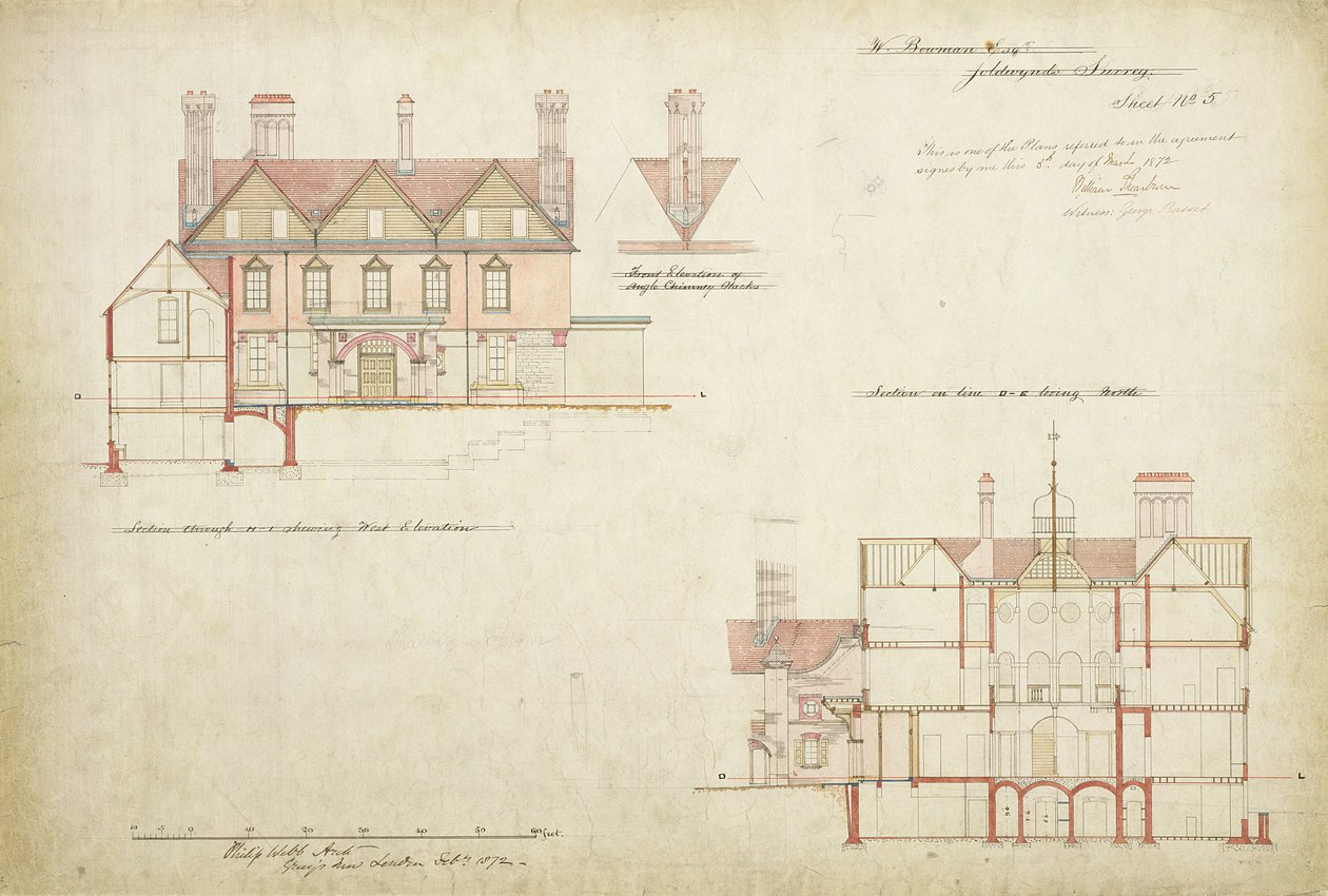 Design para Joldwyns, Surrey, 1872 (caneta e tinta sobre papel) de Philip Webb