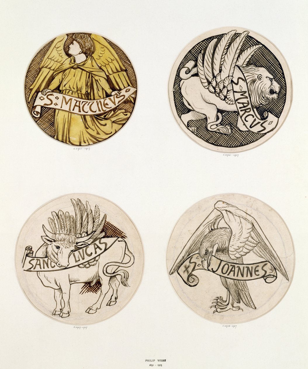 Símbolos dos Evangelistas, desenhos para vitrais (tinta sobre papel) de Philip Webb