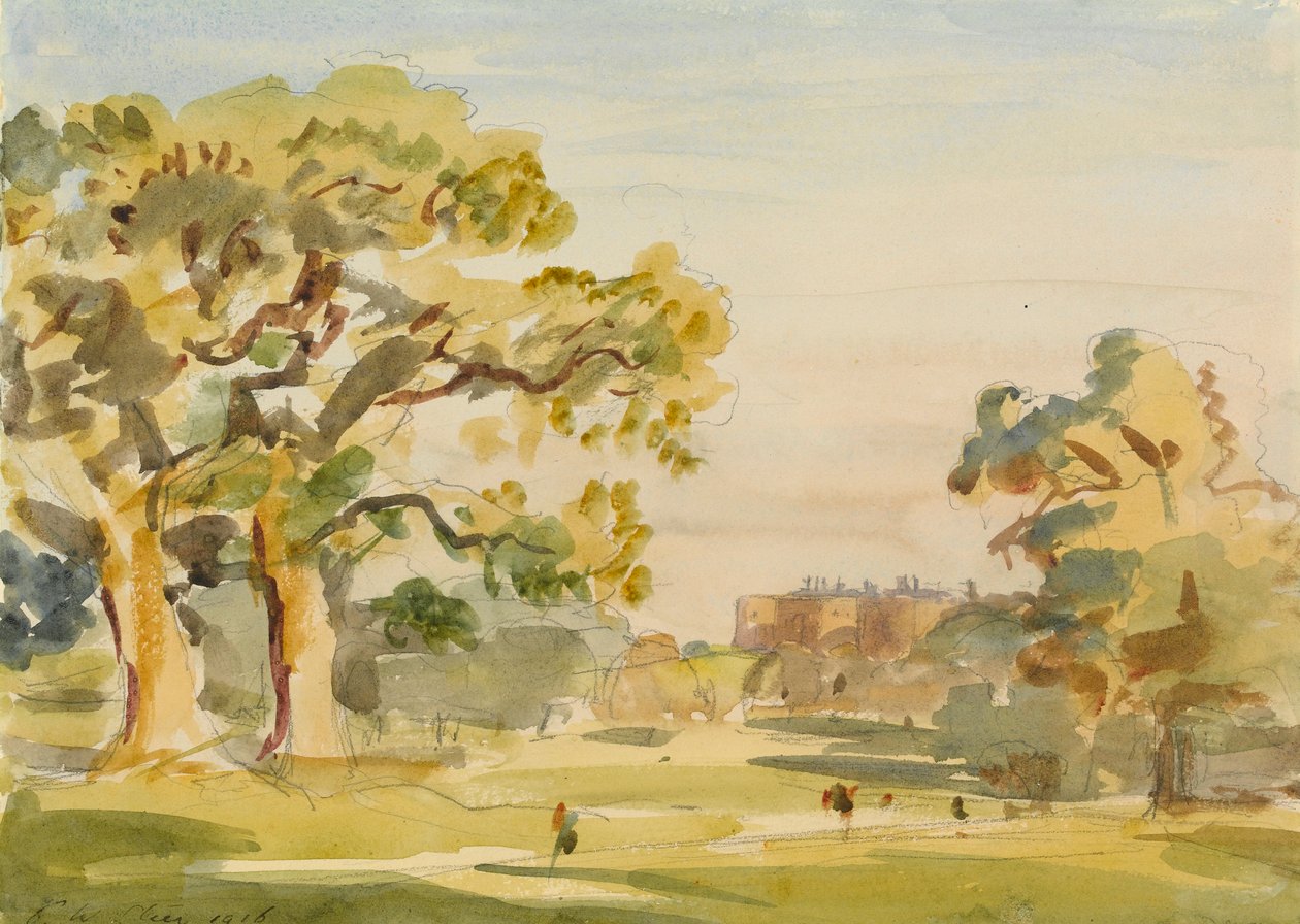 Uma visão do Castelo de Chirk, 1916 (grafite e wc no papel) de Philip Wilson Steer