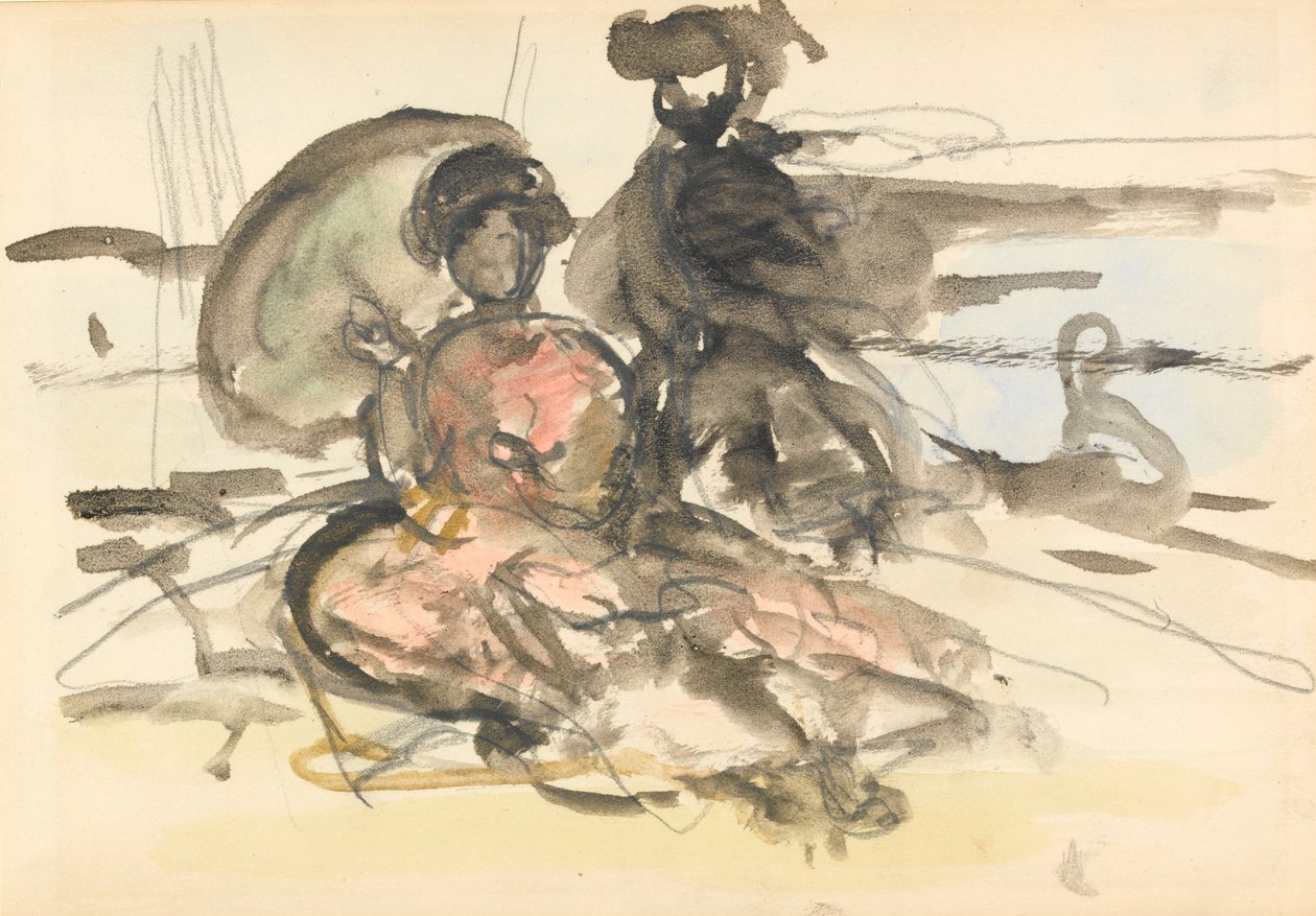 Figura Estudo: duas mulheres sentadas em um banco de rio (grafite e wc no papel) de Philip Wilson Steer