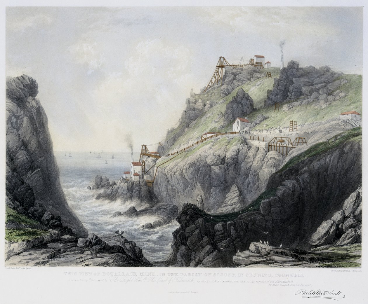 A vista da mina de Botallack, na paróquia de St. Just in Penwith, na Cornualha, gravada por Thomas Picken (d.1870) 1840 (lito colorido à mão) de Philip after Mitchell