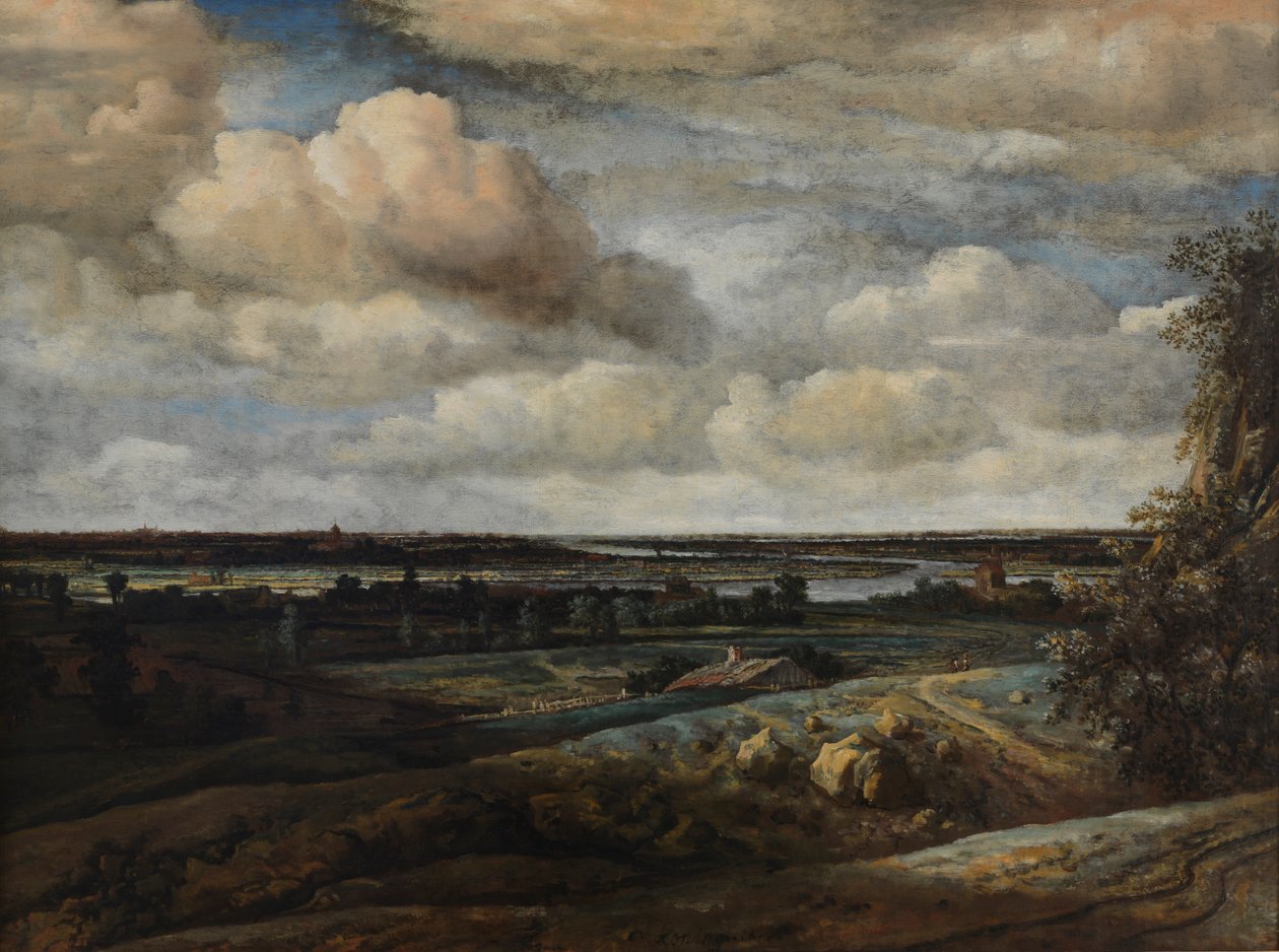Paisagem panorâmica holandesa com um rio de Philip de Koninck