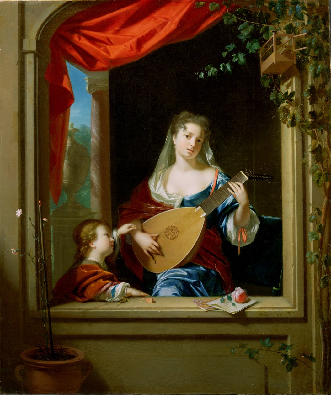 Senhora elegante tocando o alaúde em uma janela (painel) de Philip van Dyck