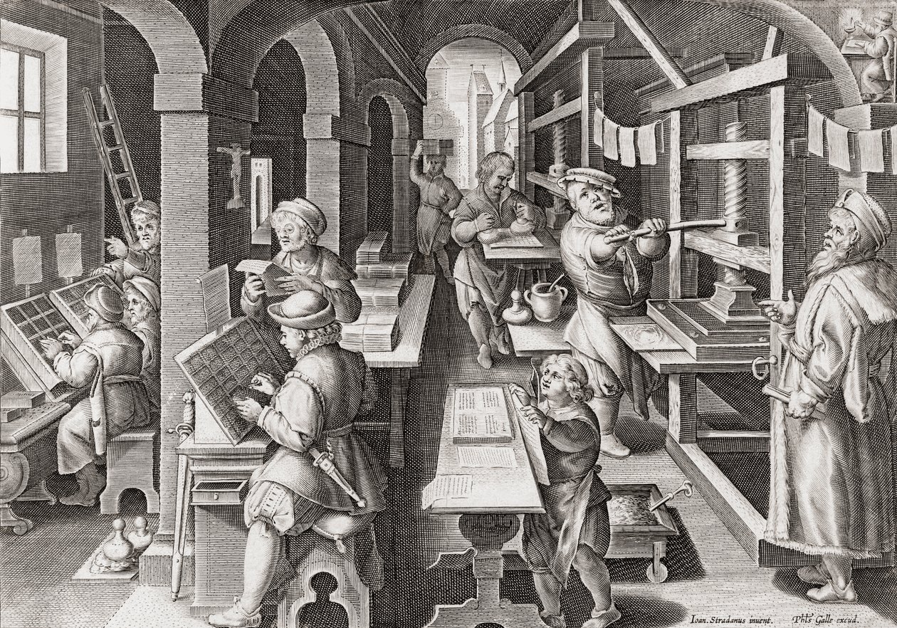 Uma tipografia europeia cerca de 1590 (gravura) de Philip (after) Galle