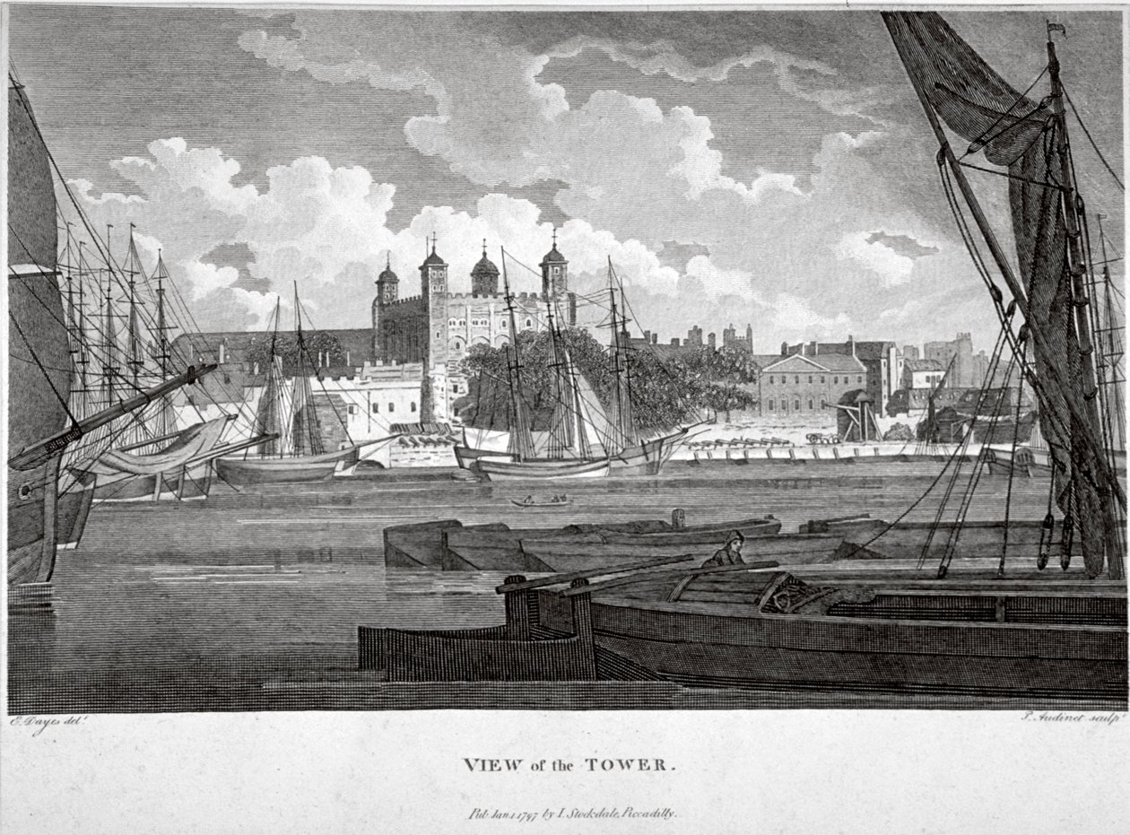 Vista da Torre de Londres com barcos no rio Tamisa, c1790 de Philip Audinet