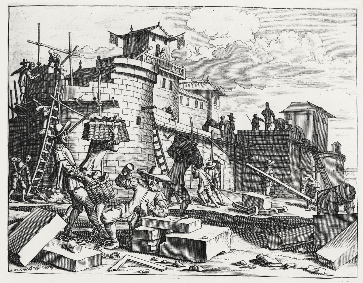 Prisioneiros de guerra portugueses constroem um forte perto de Kandy (gravura) de Philip Baldaeus