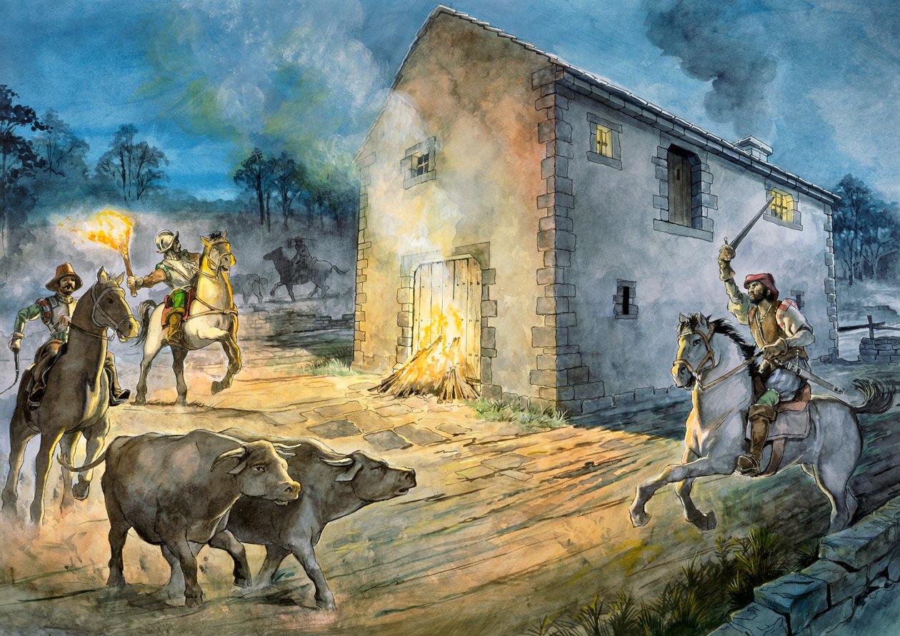 Reivers invadindo Birdoswald, século 16, c1990-2010 de Philip Corke