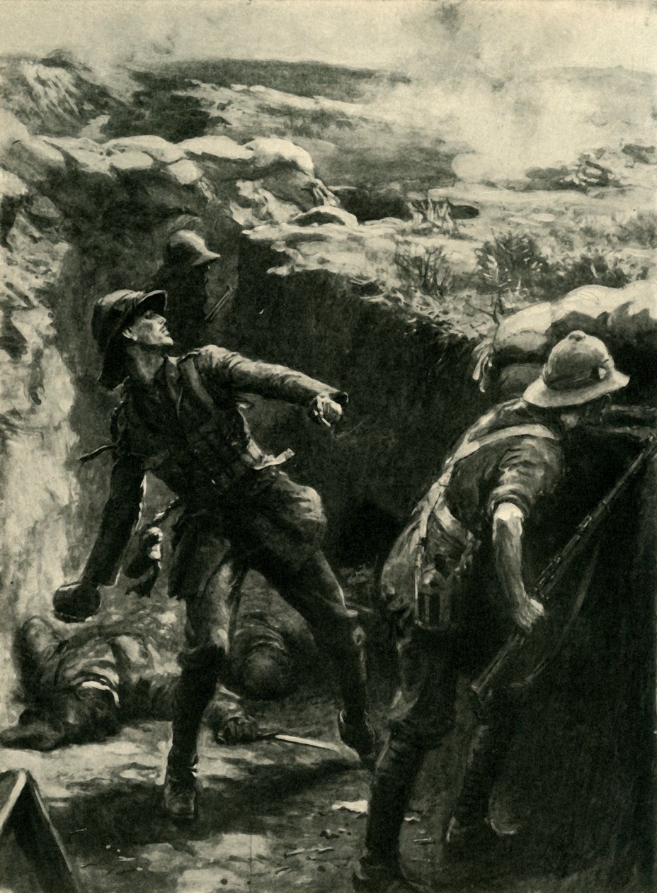 Tenente Forshaw jogando bombas continuamente, Gallipoli, Primeira Guerra Mundial, 1915, c1920. de Philip Dadd