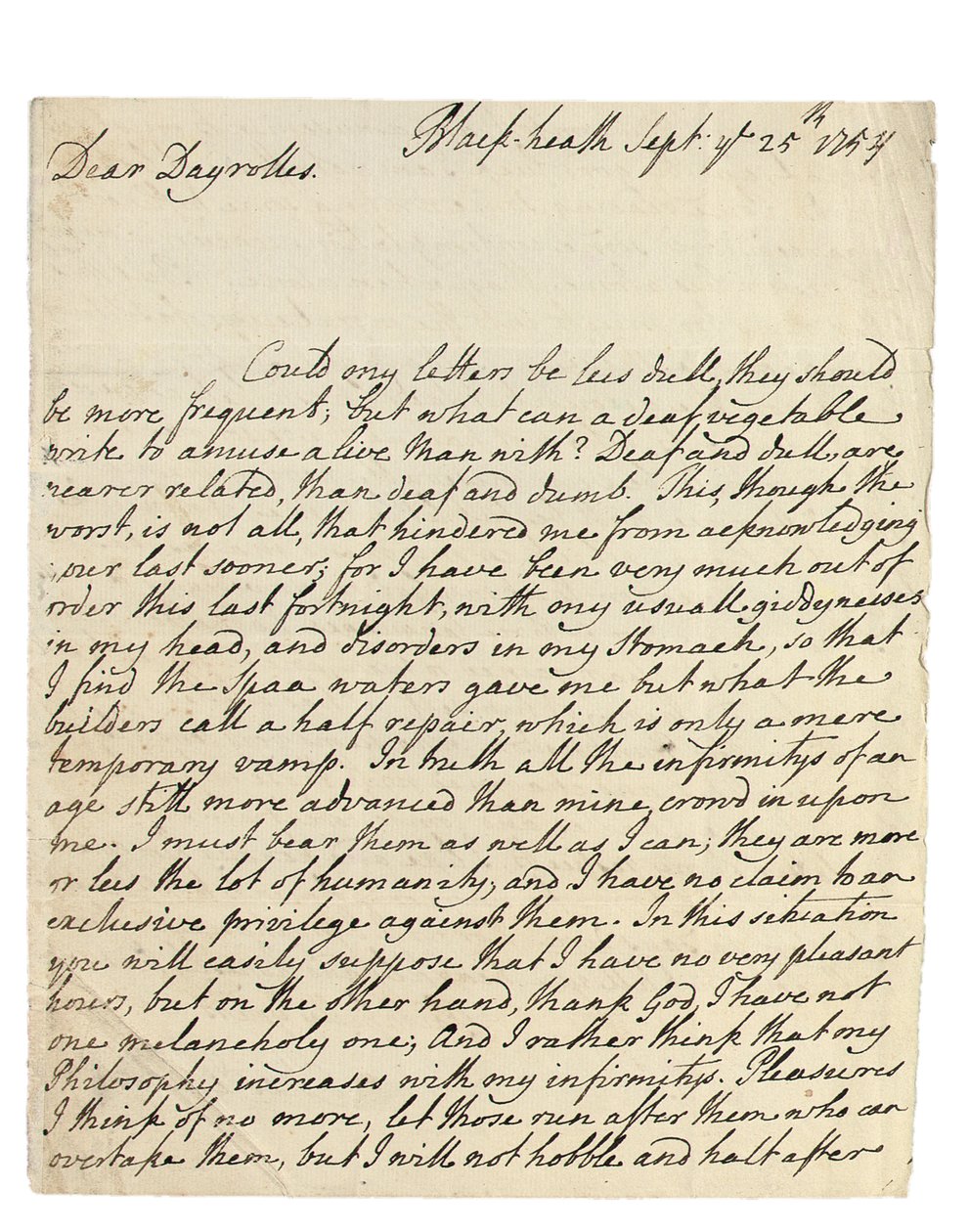 Carta autografada para Solomon Dayrolles, Blackheath, 25 de setembro de 1754 (caneta e tinta no papel) de Philip Dormer Stanhope Chesterfield