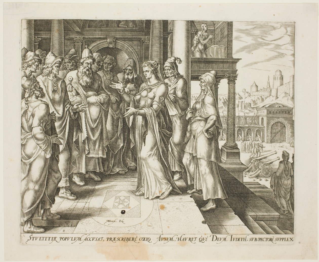 Judith Dirigindo-se aos Anciãos de Bethulia, placa três da História de Judith e Holofernes de Philip Galle